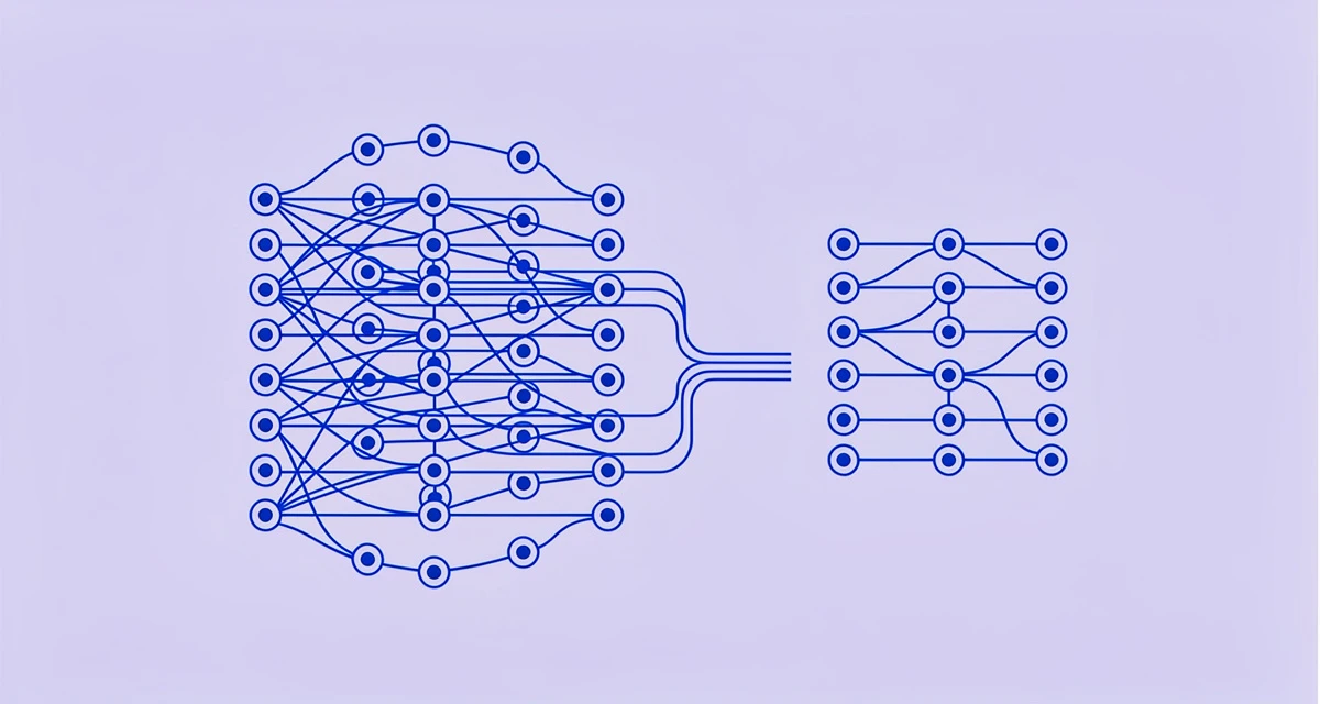 Minimal line art of two neural network diagrams shrinking in size, representing model quantization and knowledge distillation
