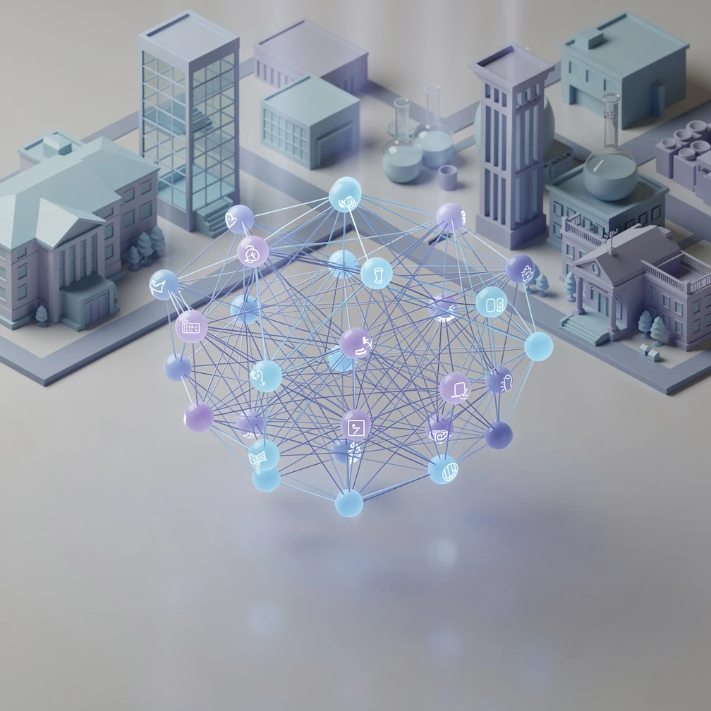 Isometric illustration of a citation network connecting leading machine learning scientists across universities and research labs