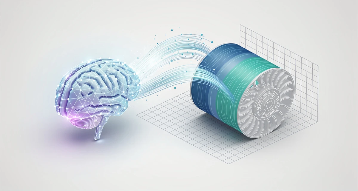 Isometric 3D illustration of a physics-informed neural network analyzing fluid flow beside a traditional simulation grid, blue and purple
