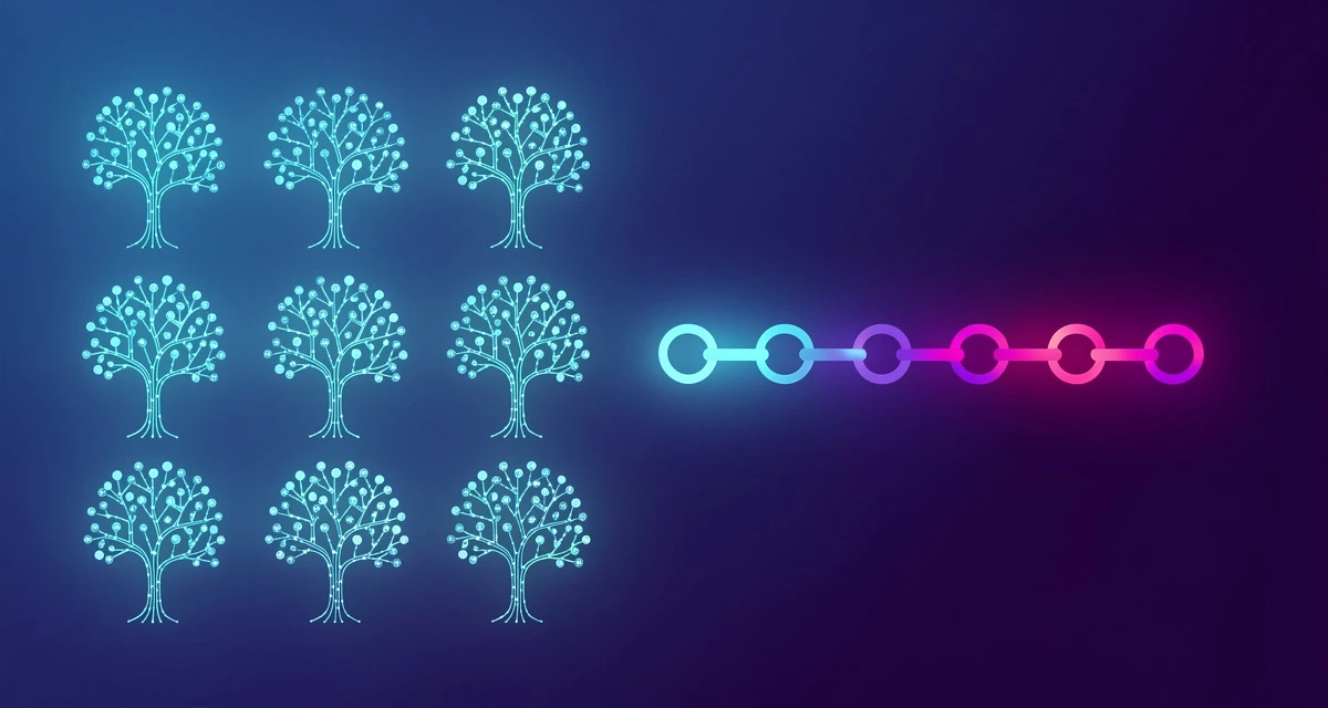 Data visualization art of parallel versus sequential decision tree ensembles in blue and purple representing random forest vs gradient boosting