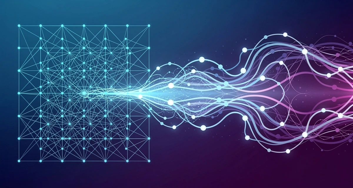 Data visualization art contrasting a rigid rule-based network with an adaptive glowing neural network, blue to purple gradient