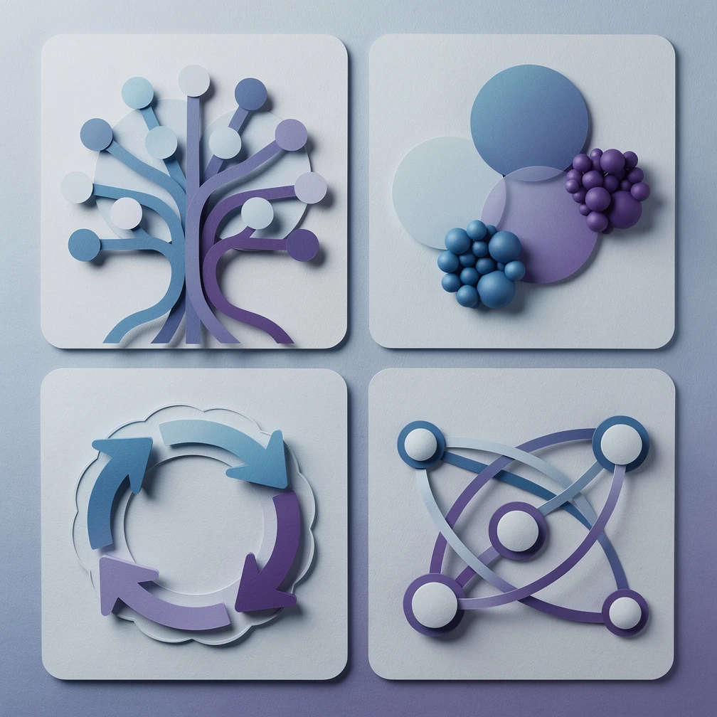 Types of machine learning models illustrated as layered paper craft diagrams