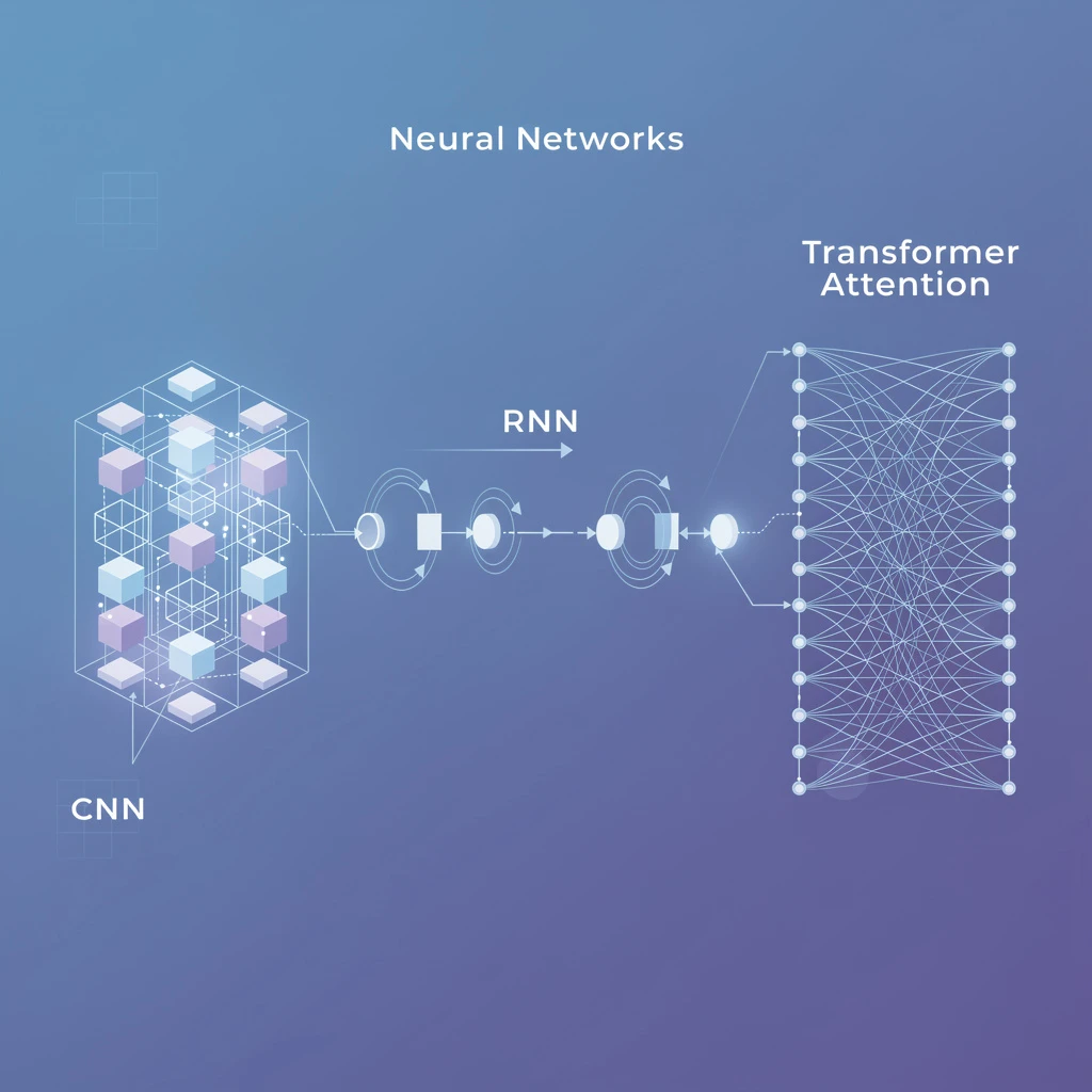 Abstract visualization of different types of neural networks with blue and purple gradient connections