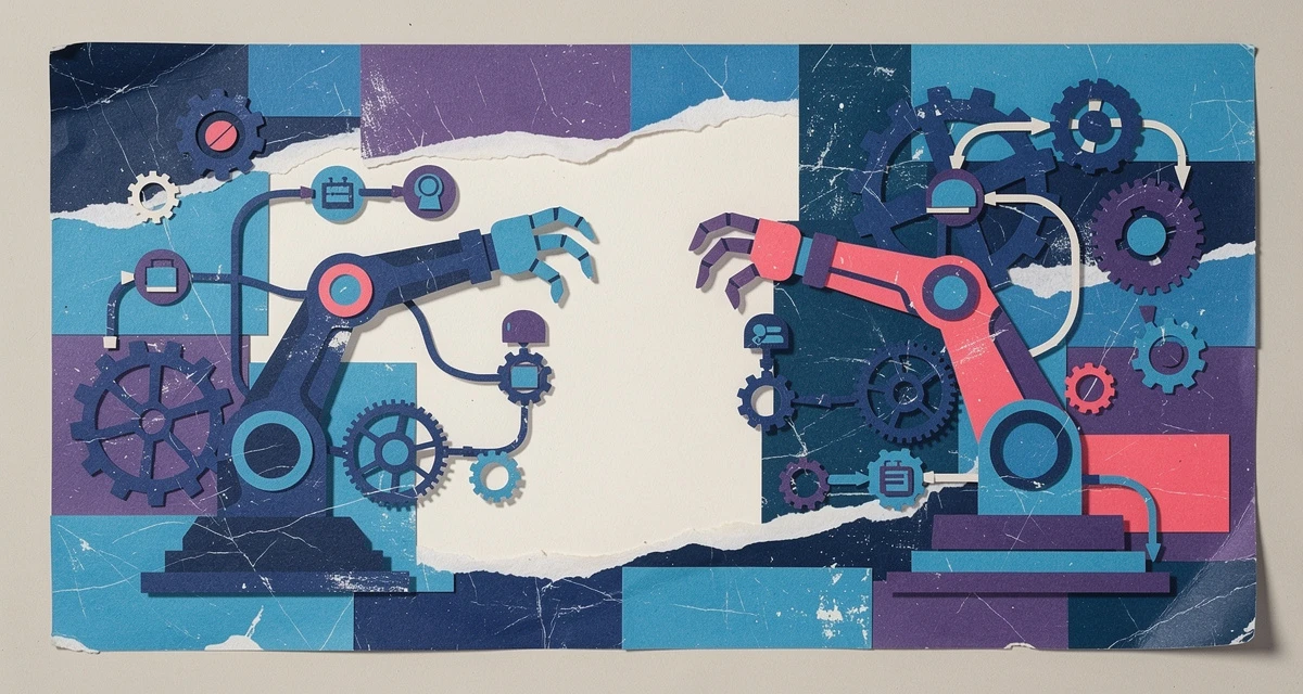 Retro collage illustration of two competing automation platform icons in blue and purple, representing UiPath vs Automation Anywhere RPA comparison