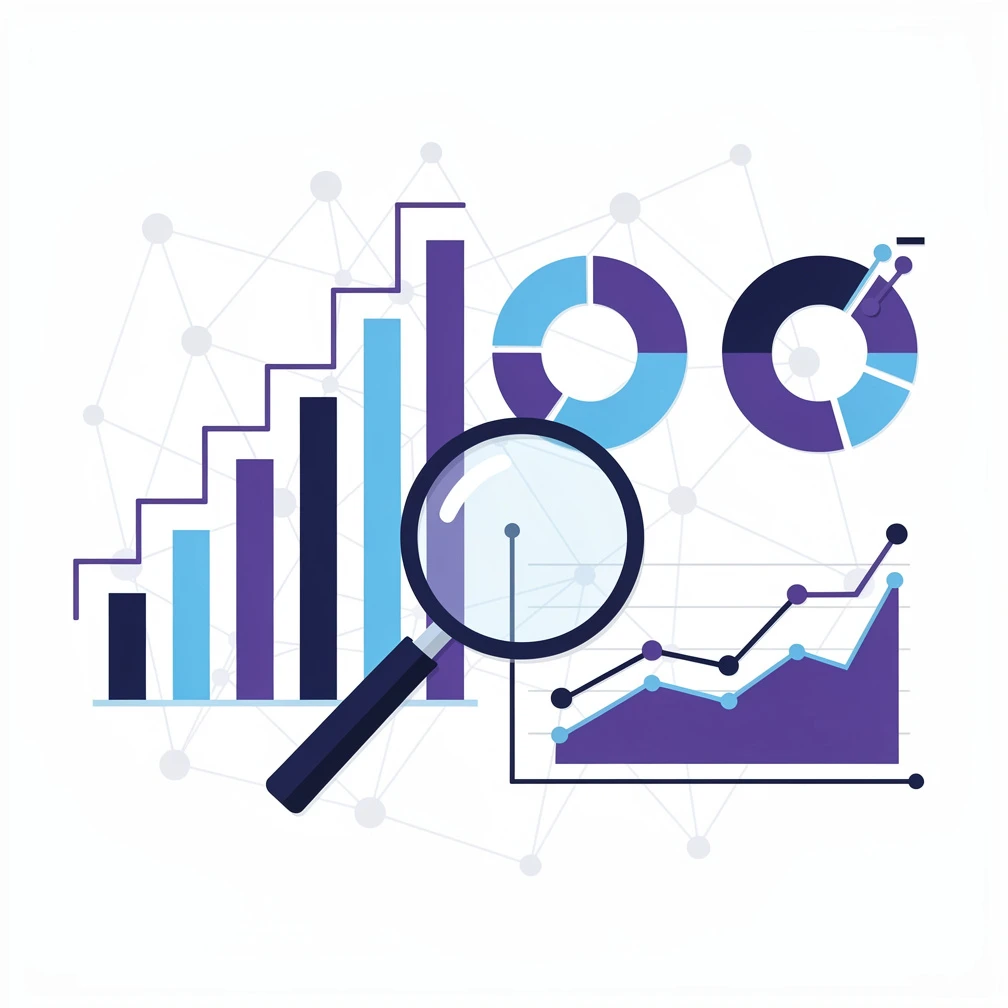 Flat illustration of data analytics concepts — charts, graphs, and interconnected data nodes in blue and purple