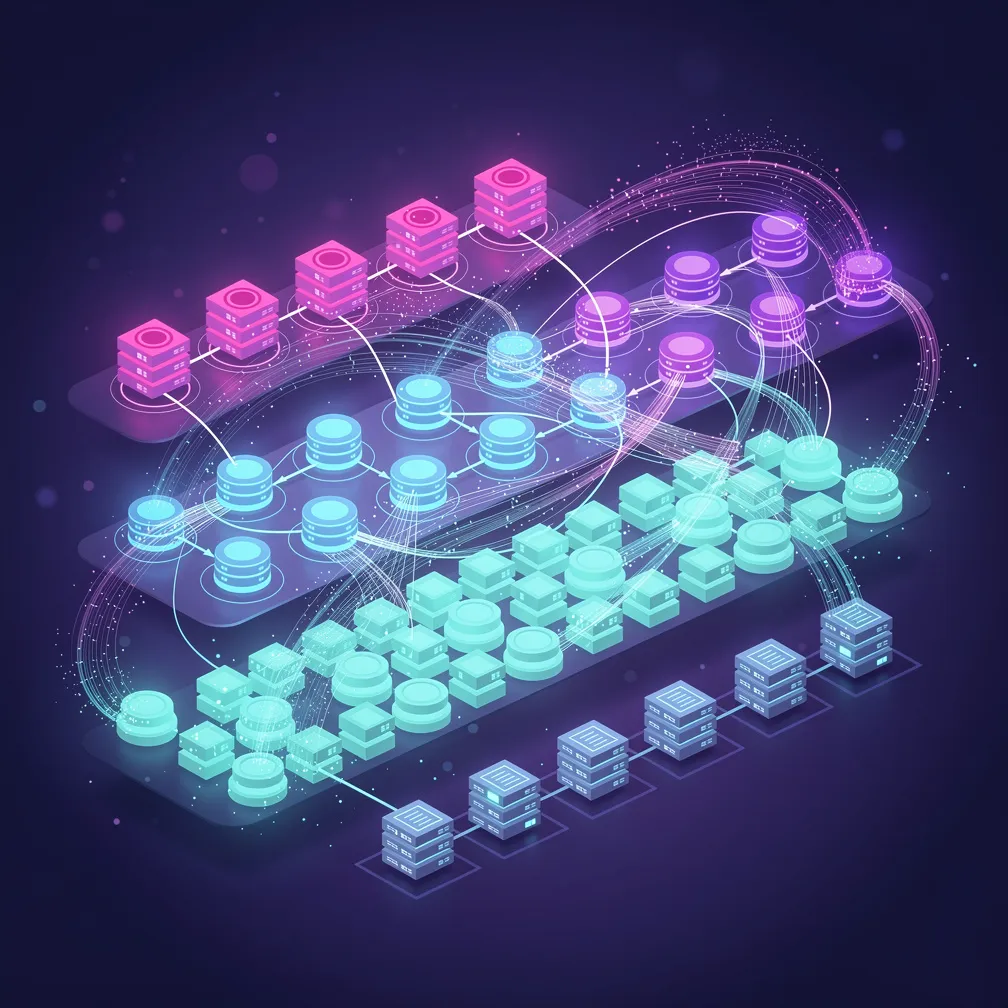 Cloud data warehouse architecture with storage, compute, and query layers visualized as glowing connected nodes in blue and purple
