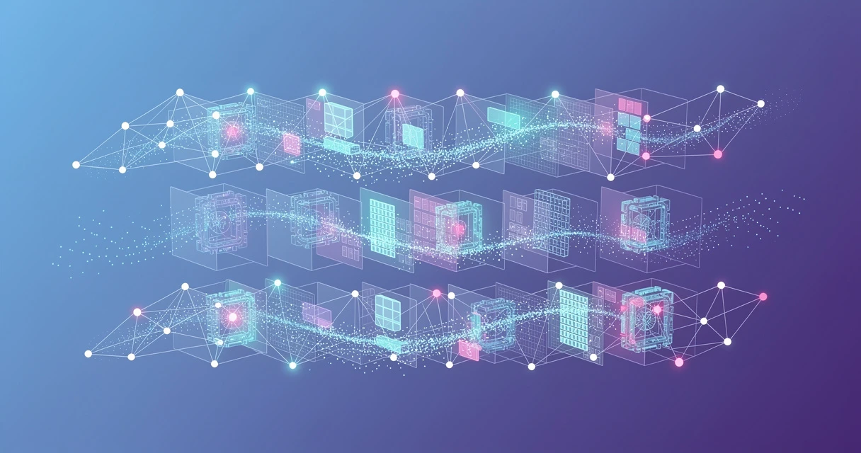Abstract visualization of transformer architecture with attention mechanism in machine learning