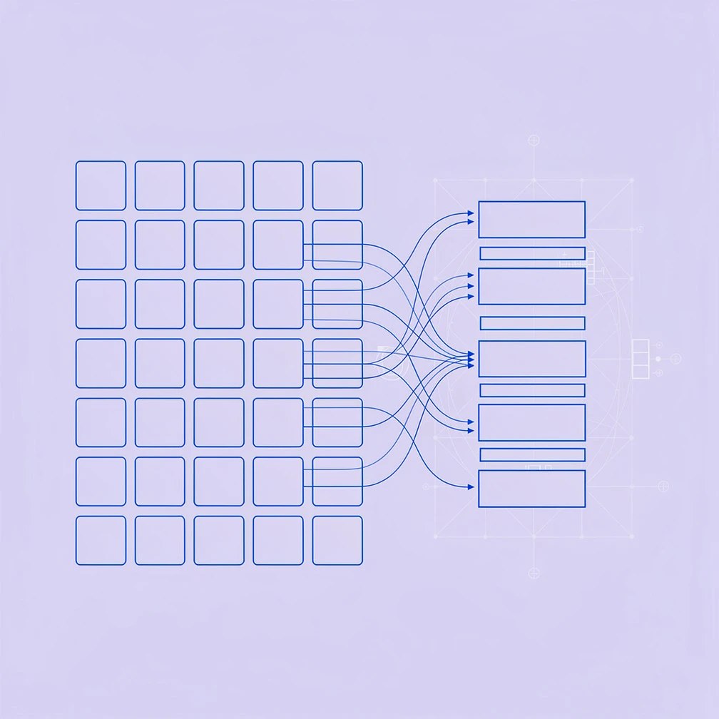 Vision Transformer architecture with image patches flowing into transformer encoder blocks in blue line art