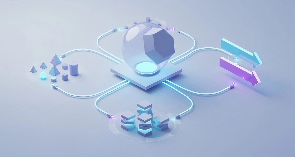Isometric illustration of an AI agent perceiving, reasoning, and taking action through connected tool nodes