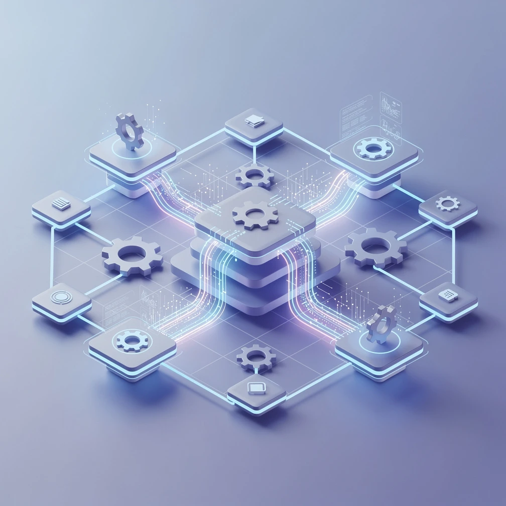 Isometric illustration of AI automation agency workflow nodes and connected business systems in blue and purple