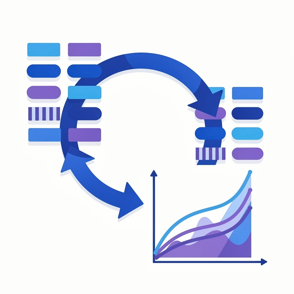 Flat vector illustration of a machine learning training loop cycle with circular arrows and data batches in blue and purple