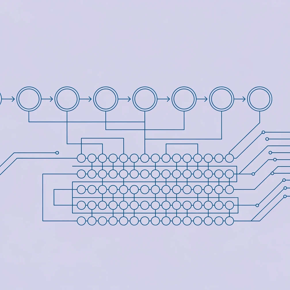 Minimal line art diagram of bidirectional text processing with connected word nodes and neural network layers representing BERT in NLP