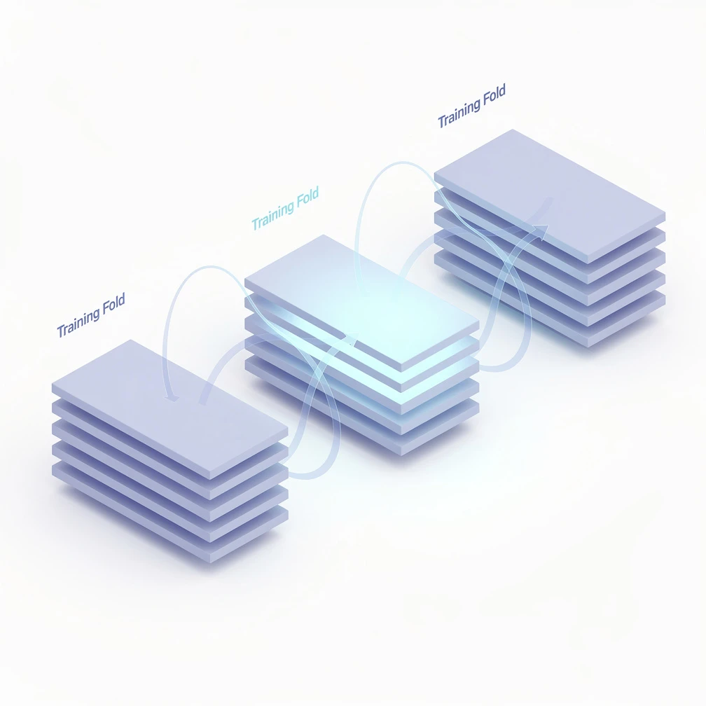 Isometric 3D illustration of k-fold cross-validation showing data partitioned into training and validation folds