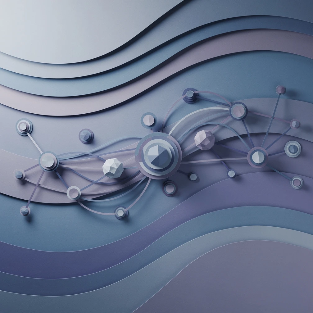 Deep graph learning concept with interconnected nodes and edges in blue and purple paper craft style