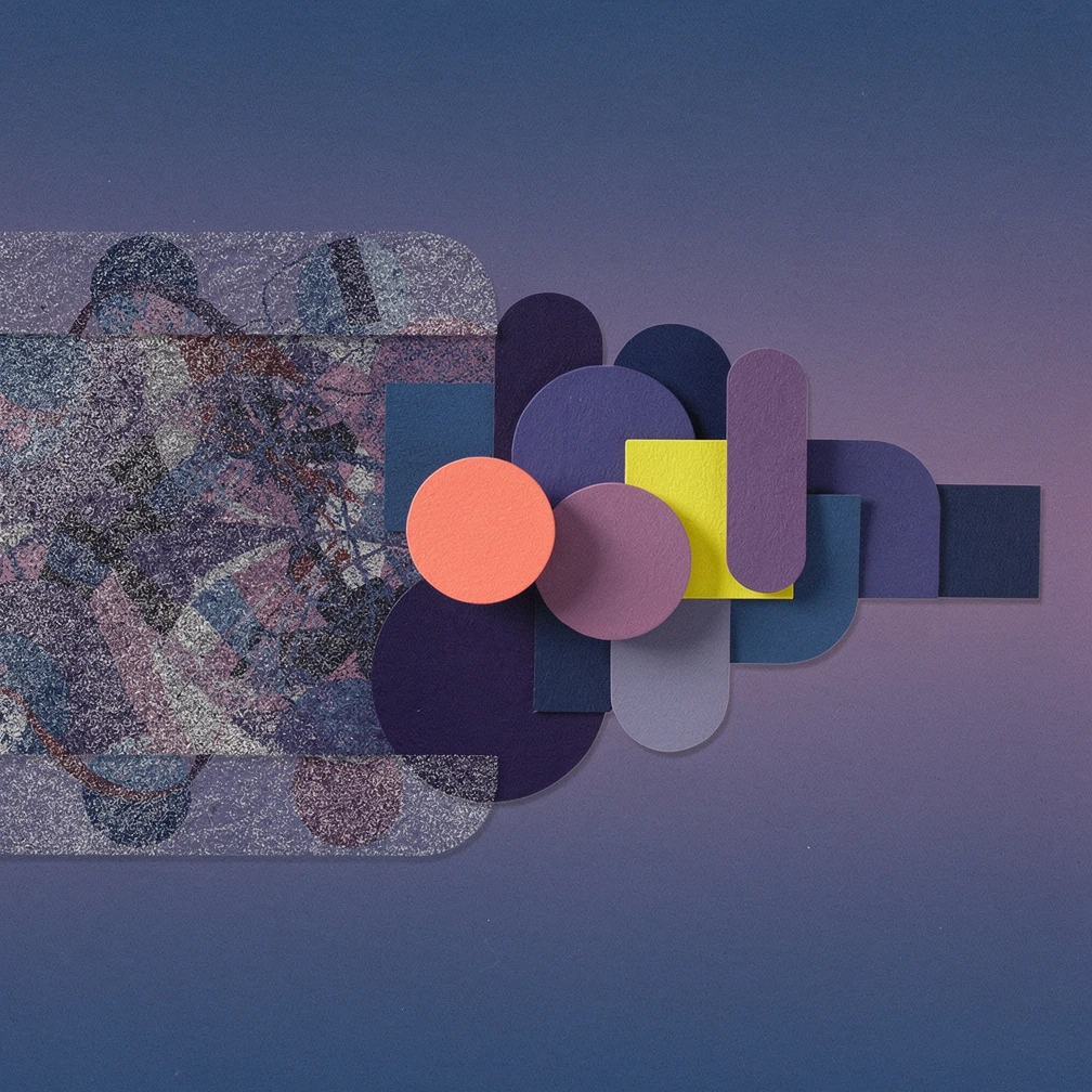 Diffusion model denoising process visualized as layered gradient fields transforming noise into structured imagery in blue and purple