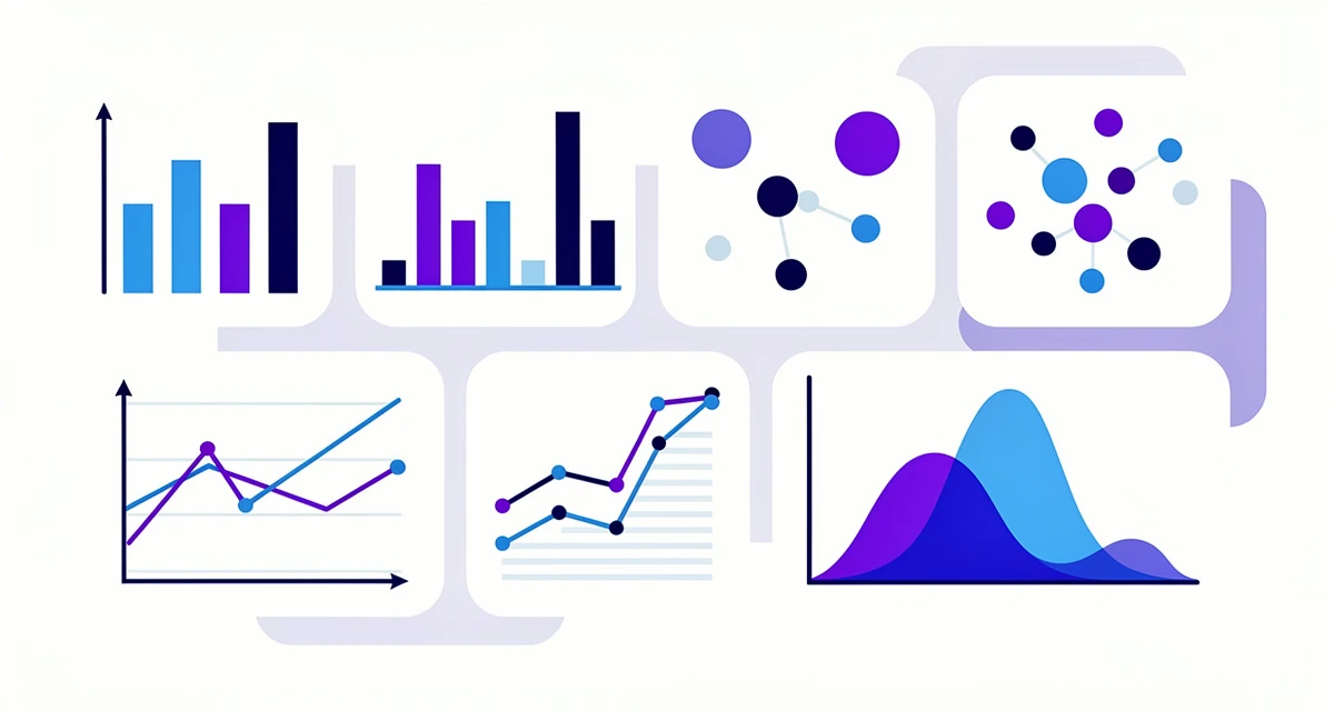 Exploratory data analysis concept with charts, distributions, and data exploration patterns in blue and purple flat illustration