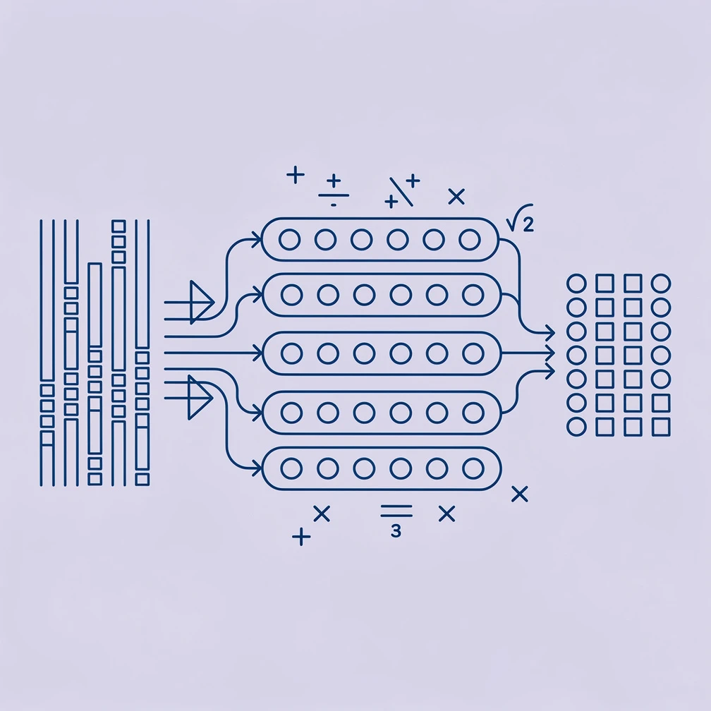 Feature engineering in machine learning: data transformation pipeline diagram in blue and purple line art