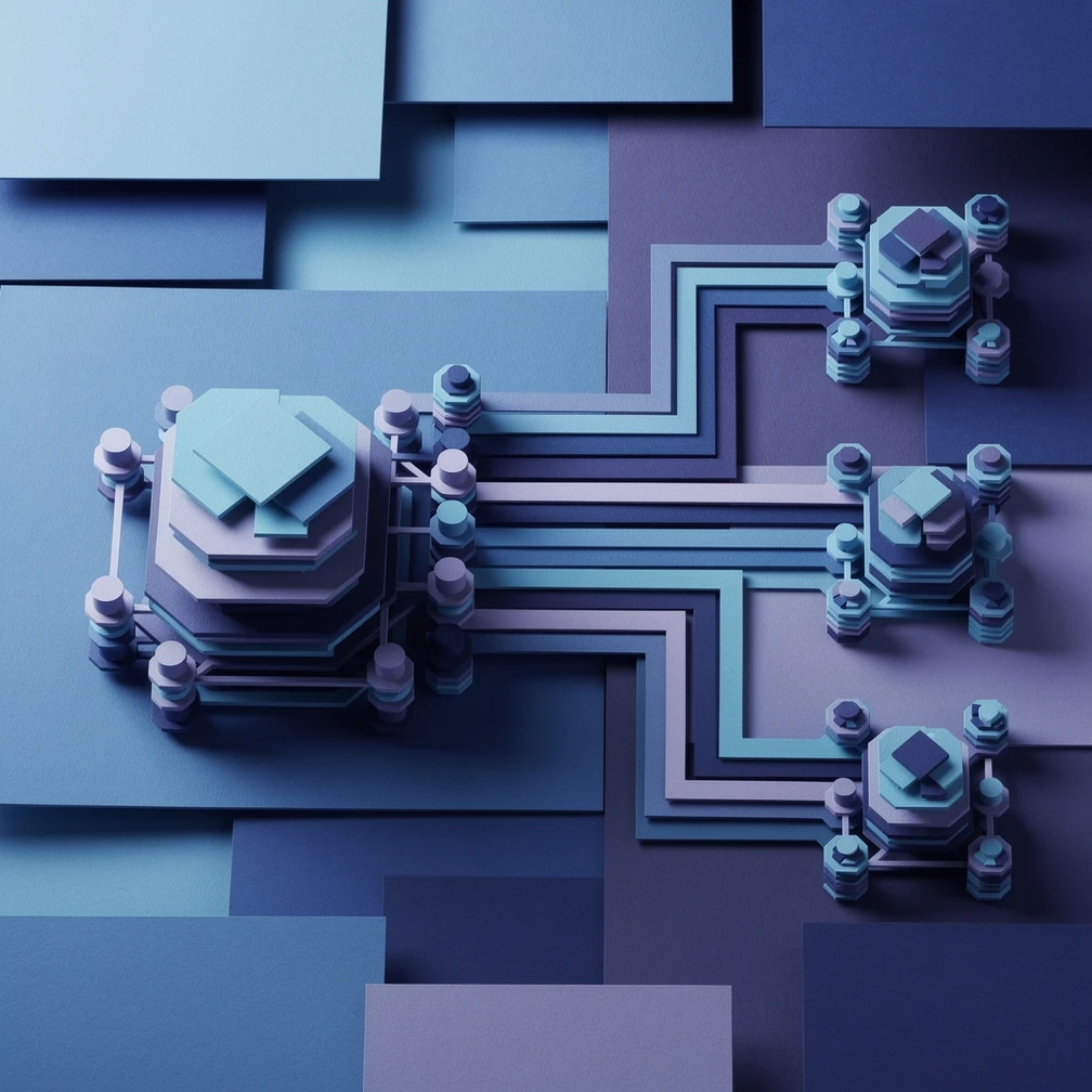 3D paper craft diagram showing deep learning model fine-tuning process with layered neural network stages in blue and purple