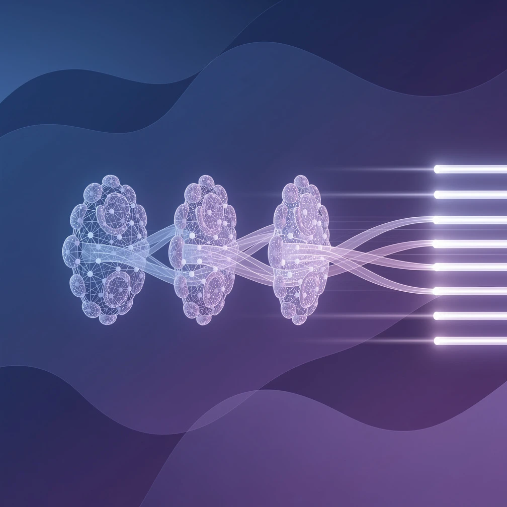 Abstract data flow visualization representing machine learning inference pipeline in blue and purple gradient