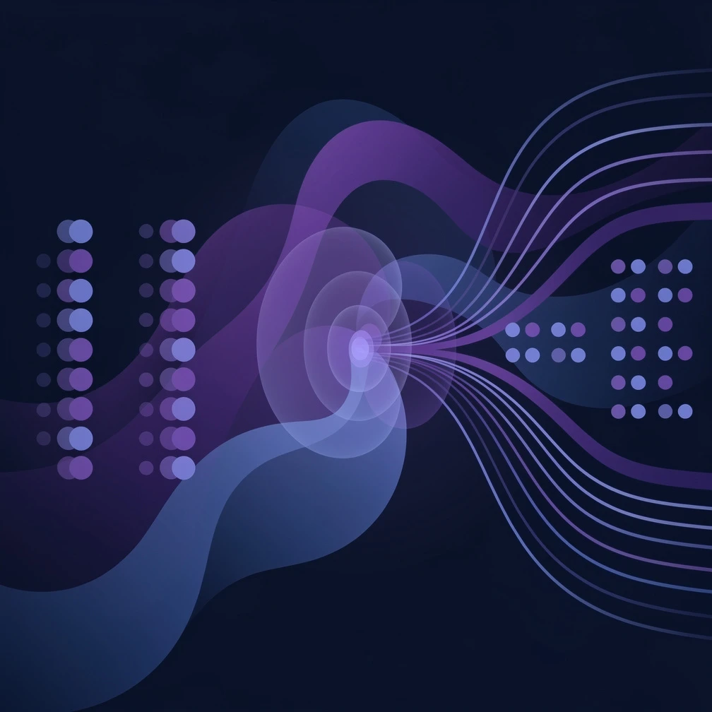 Abstract data visualization showing machine learning model training pipeline in blue and purple