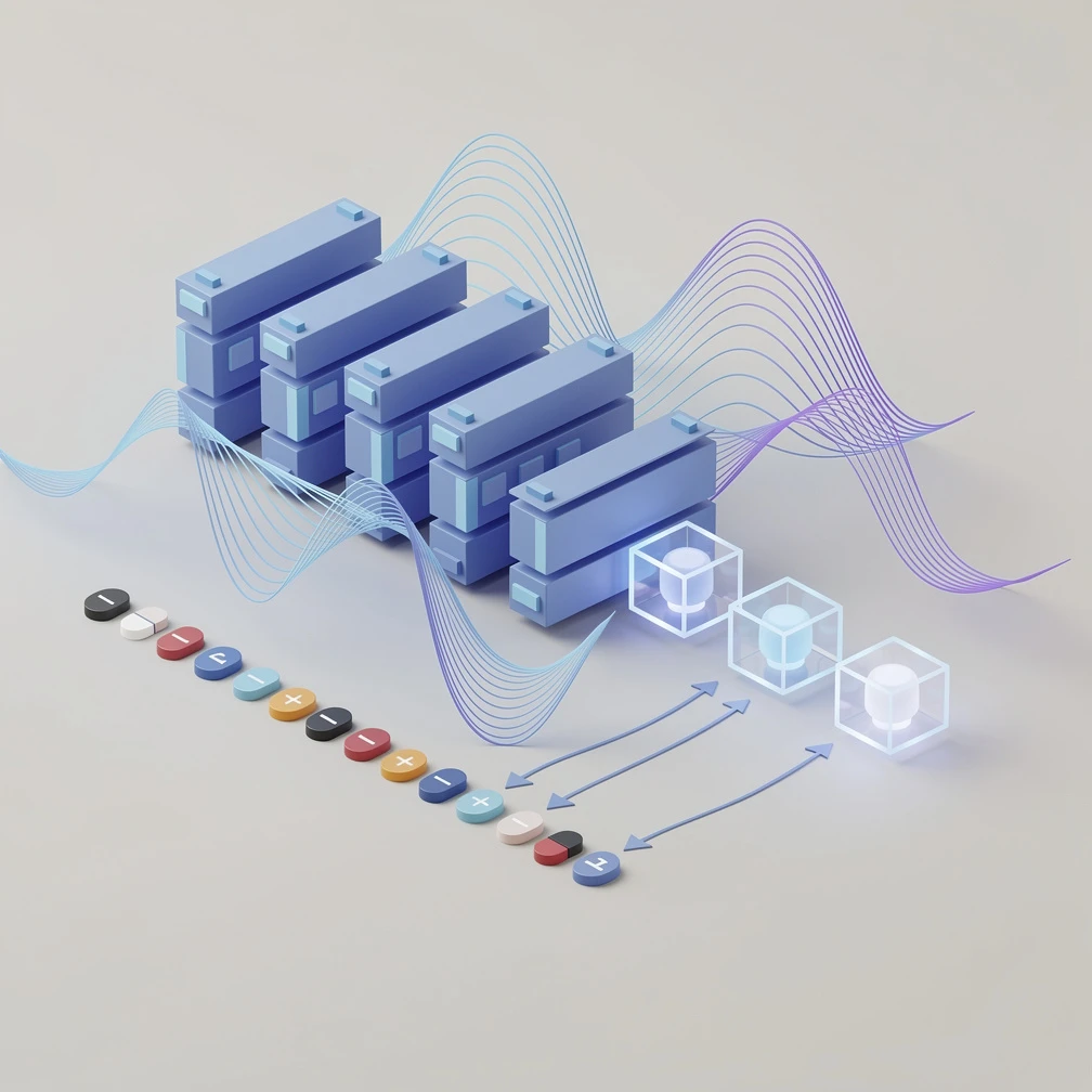 Isometric 3D render of transformer blocks with colored position vectors flowing into token embeddings, representing positional encoding in transformers