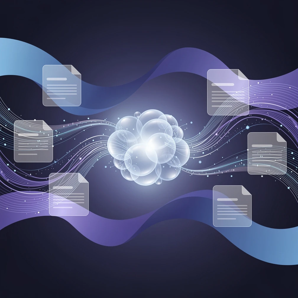 RAG retrieval-augmented generation pipeline diagram showing document chunks, embedding vectors, and retrieval feeding a transformer language model in blue and purple