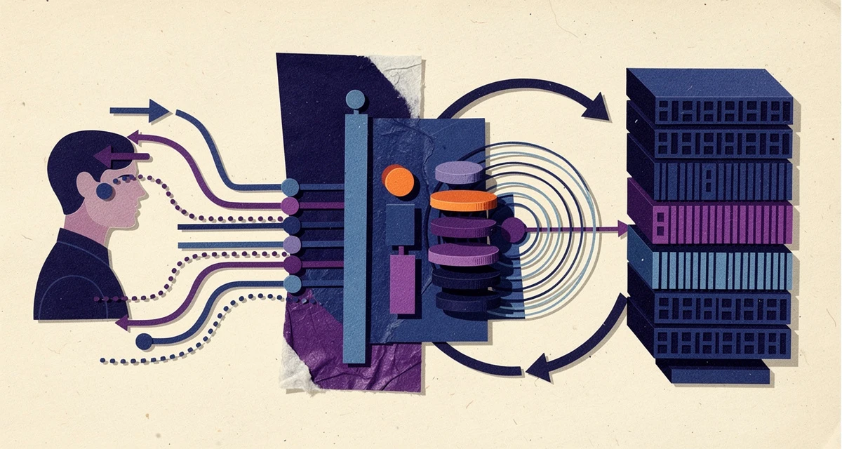 Retro collage showing RLHF alignment pipeline with human feedback signals shaping a transformer language model in blue and purple tones