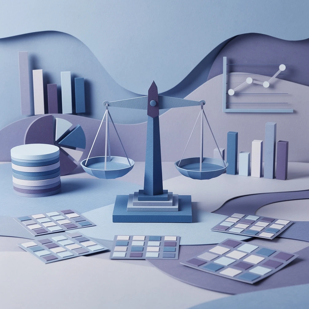 Sensitivity in machine learning represented as a precision balance scale with blue and purple paper craft layers