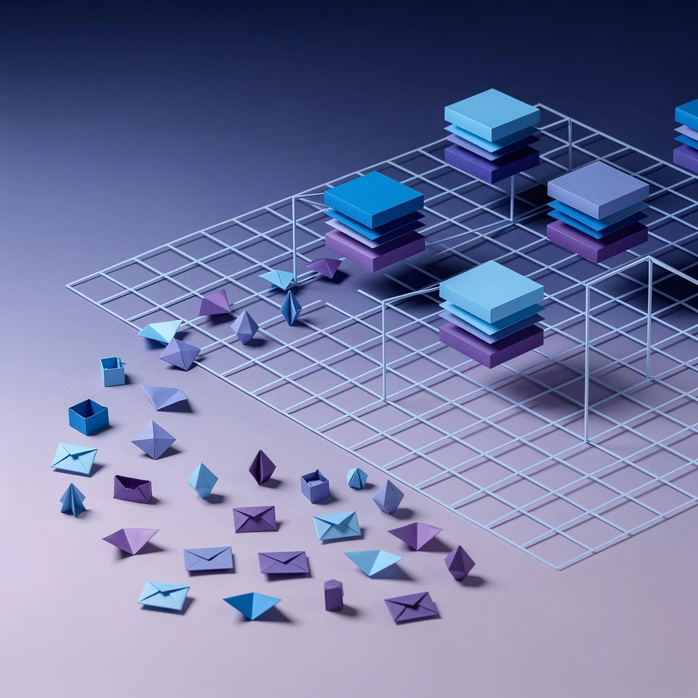 Paper craft illustration of abstract tokens flowing into a 3D vector space grid with geometric cubes representing word embedding in NLP