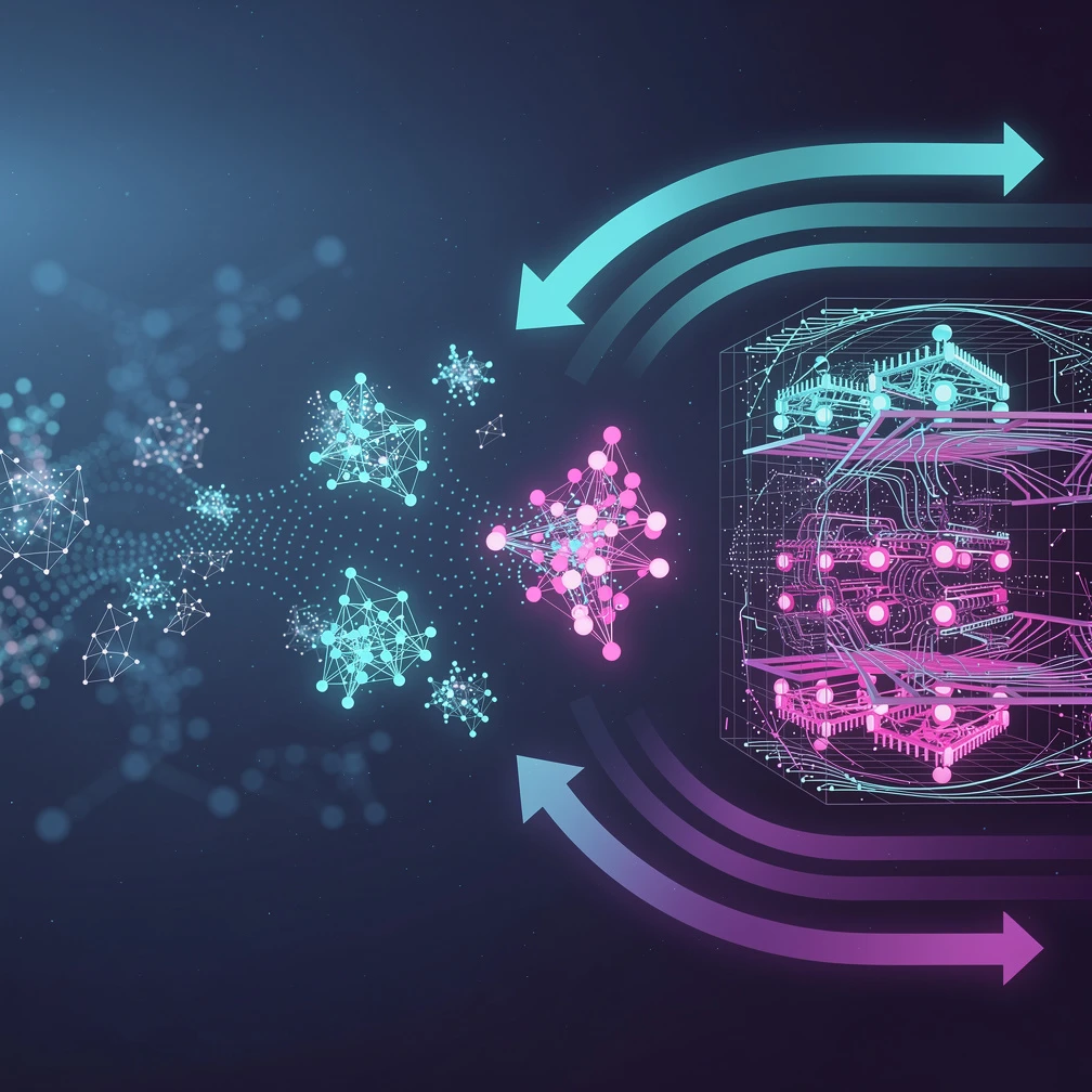 Data visualization of machine learning training: glowing nodes and connections in blue and purple showing why machines learn from data patterns